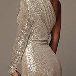 One-shoulder Wrapped Sequins Evening Dress