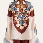 Bohemian Dreams Unique Print High Neck Feather Trim Bell Sleeve Top