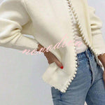 Elegant Chic Knit Pearls Trim Long Sleeve Relaxed Cardigan