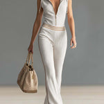 Retro Sporty Vacation Hooded Zipper V-neck Off-white Knitted Jumpsuit