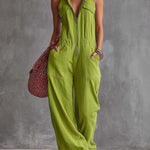 Casual Retro Western Collar Front Zipper Bright Green Cotton Linen Jumpsuit