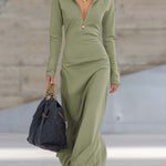 Elegant Retro Sporty V-neck Front Zipper Long-sleeved Pink Maxi Dress