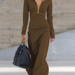 Elegant Retro Sporty V-neck Front Zipper Long-sleeved Pink Maxi Dress