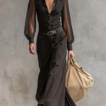 Vintage Western Front Button V-Neck Transparent Long Sleeve Black Denim Maxi Dress