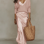 Elegant Knitted Pullover Top and Satin Midi Skirt Set