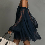 Fiorella™ | Mini Navy Chiffon Dress with Off-the-Shoulder Neckline, Lace Details, and Sheer Sleeves