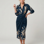 Leya | Long Sleeve Collared Wrap Stripe Pattern Midi Dress