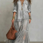 Blue Faux Denim Shirt Collar With Sheer Pockets Maxi Dress
