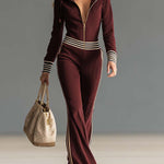 Retro Fashion Sports Hooded Zipper V-neck Dark Blue Knitted Jumpsuit