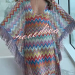 Casie Knit Colorful Zigzag Pattern Fringe Trim Cover-up Vacation Maxi Dress