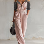 Stylish Color-blocked Striped Sleeve Pink Cotton Jumpsuit