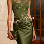 Nasha Floral Sequin Satin Boat Neck Short Sleeve Ruched Mermaid Gown Maxi Dress