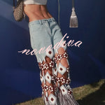 Belma Denim Handmade Embroidered Floral Crochet Detail Tassel Hem Pocket Jeans
