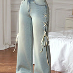 Fashionable Denim Mid Rise Side Ribbon Lace-up Pocket Wide Leg Jeans