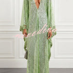 Gianna Sequin Deep V-neck Batwing Sleeve Fringed Trim Slit Gown Maxi Dress