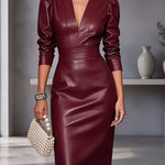 Faux PU Leather V-Neck Long Sleeve Stretch Pencil Midi Dress