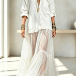 Retro-style Faux Denim Long Sleeve Pocket Tulle Hem Shirt Maxi Dress