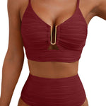 Solid Color V-neck Hollowed-out Pleated High Waist Stretch Two-Piece Bikini Swimsuit