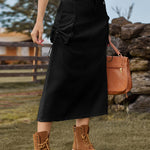 Zeagoo Women's Casual High Waist Denim Midi Skirt Drawstring Adjustable Long Jeans Skirt with Pockets