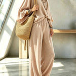 Retro Style Polka Dot Print Batwing Sleeve Top and Elastic Waist Loose Jogger Pants Set
