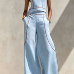 Elysia Contrast-Stitch Linen Two-Piece Set