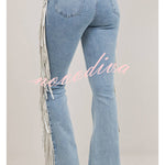 Western Cowgirl Denim High Rise Side Tassels Trim Pocket Flare Jeans