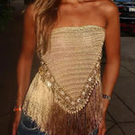 Fashionable Sleeveless Off-shoulder Tassel Hem Strapless Top