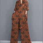 Boho Red Peter Pan Collar shirt wide leg pants Satin Two Pieces Set Spring