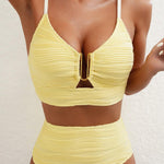 Solid Color V-neck Hollowed-out Pleated High Waist Stretch Two-Piece Bikini Swimsuit