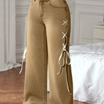 Fashionable Denim Mid Rise Side Ribbon Lace-up Pocket Wide Leg Jeans