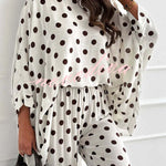 Verne Linen Blend Polka Dot Batwing Sleeve Top and Elastic Waist Pocket Loose Pants Set