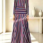 Luna Striped Round Neck Shoulder Pads Long Sleeve Fitted Waist Maxi Dress