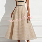 Stardust Plaid and Sequin Bow Patchwork Detail Strapless A-line Midi Dress