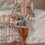 Palace Style Linen Blend Unique Print Button Balloon Sleeve Tie-up Shirt Mini Dress