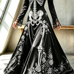 Royal-style Halloween Skull Print Square Neck Long Sleeve Flare Maxi Dress