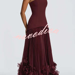 Serafina Strapless Back Lace-up Handcrafted Floral Appliqués Pleated Hem Gown Maxi Dress