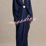 Tina Satin Plunge V-neck Gold Trim Detail Long Batwing Sleeve Maxi Dress