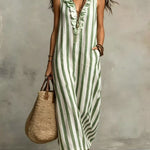 Fashionable Striped Print V-neck Ruffled Sleeveless Pockets Casual Midi Dress