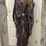 Airy Satin Unique Print V-neck Gemstone Embellished Drape Robe Maxi Dress