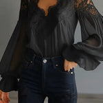 Fashionable Patchwork Lace V-neck Puff Sleeve Loose Shirt