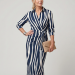 Leya | Long Sleeve Collared Wrap Stripe Pattern Midi Dress