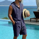 KZZ Loose-Fit, Breathable Linen Summer Set: Hooded Sleeveless Shirt & Cargo Shorts