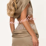 Tanya Satin High Neck Ruched Crop Top and  Lace Cinched Waist Sequin Detail Mini Skirt Set