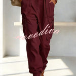 Street Style Solid Color High Waist Pocketed Loose Fit Cargo Pants