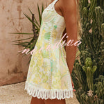 Stelle Linen Blend Floral Print Crochet Zig Zag Trim Back Lace-up Mini Dress