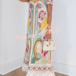 Jazlynn Satin Colorful Baroque Style Printed Short Sleeve Feather Trim Maxi Dress