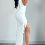 Solid Color Sleeveless Off-shoulder Slim Fit Slit Ruffle Maxi Dress