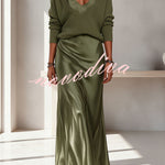 Velma Ribbed Knit V-neck Long Sleeve Relaxed Sweater and Satin Slip Midi Dress