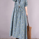 Vintage Floral Printed Ramie Cotton Loose Midi Dress