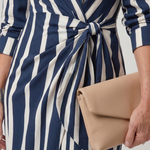 Leya | Long Sleeve Collared Wrap Stripe Pattern Midi Dress